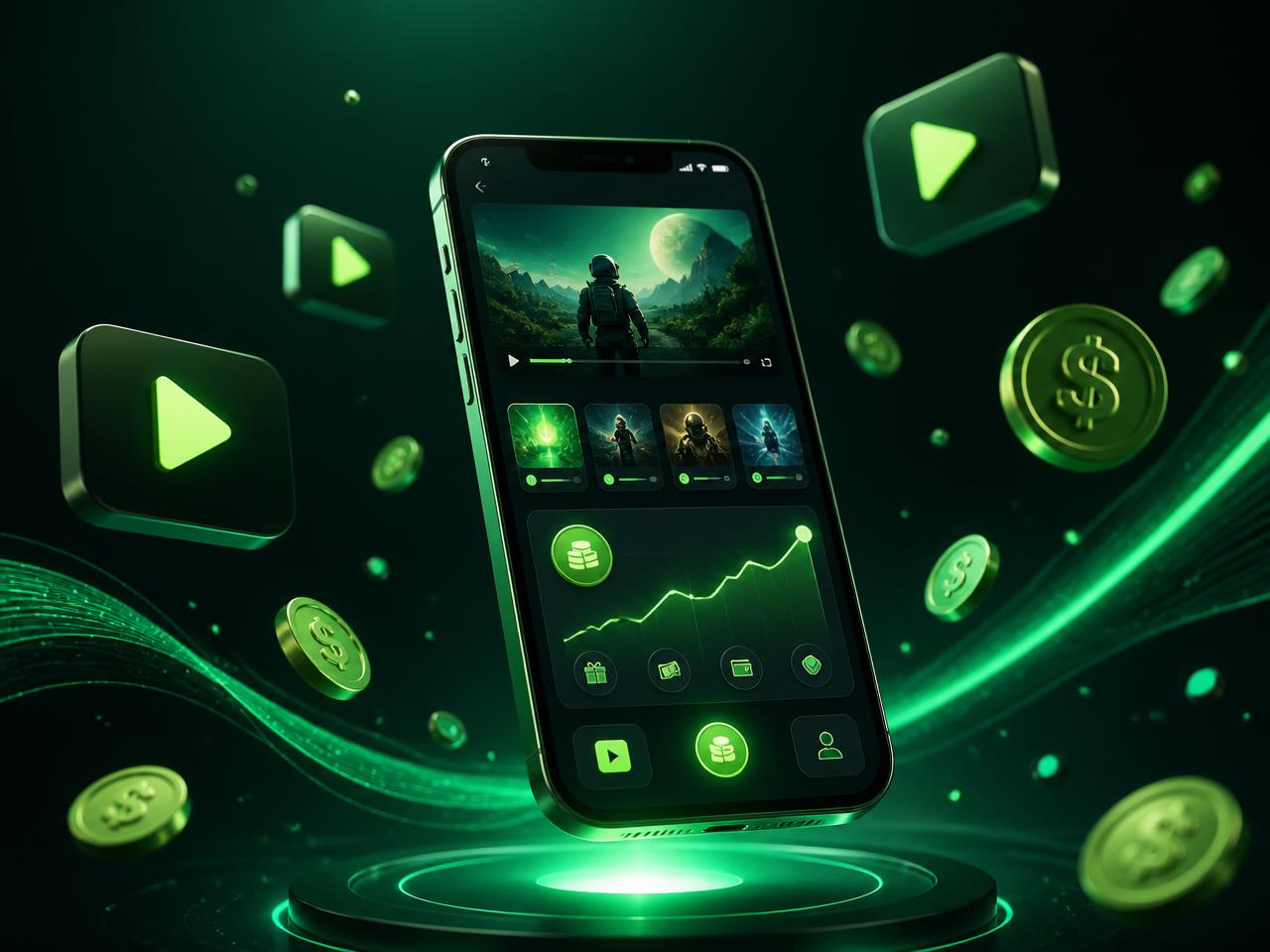EarnClip mobile app showing video rewards and a rising earnings chart